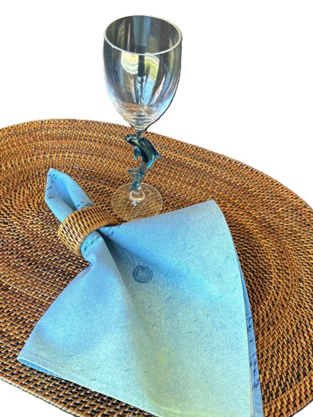 8 Sea shore Cotton Napkins, 6 Dolphin Champagne/Wine Glasses, 6 Napkin Rings